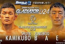 2023年12月9日BODYMAKERpresents GLADIATOR 024 in OSAKA 上久保周哉の対戦相手シン・ジェヨンが負傷欠場となり、ペ・ジョンウに変更!